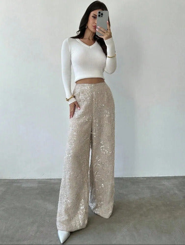 Pantalón Lentejuelas Fiesta Brillante Palazzo Oxford Kikinas