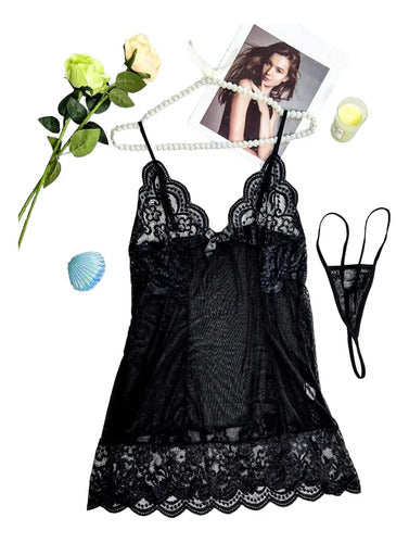 Conjunto De Lencería Con Encaje, Babydoll Con Tanga Kikinas