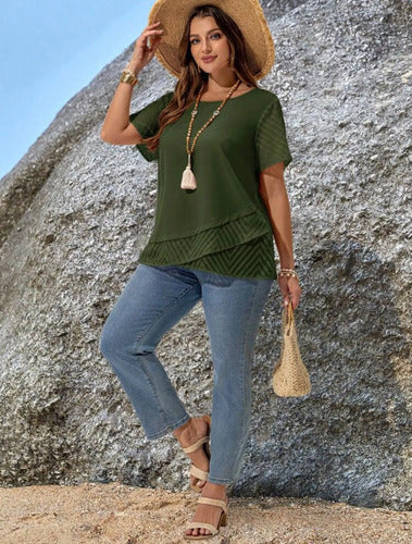 Blusa Manga Corta Con Detalle Chifon Plus Size Talle Grande
