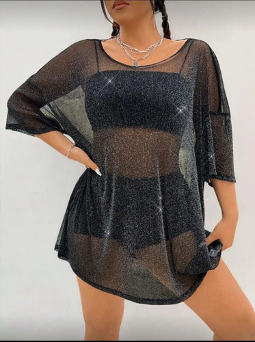 Remeron Plus Size Malla Transparente Brillante Lurex Vestido