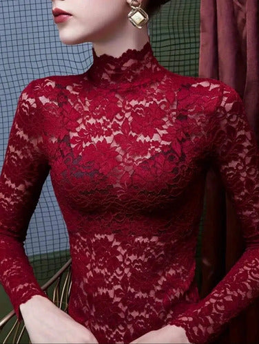 Blusa Buzo Manga Larga Con Detalles Encaje Dama Kikinas Bordó Encaje/transparencia Xl