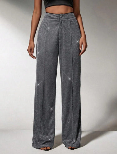 Pantalón Fiesta Palazzo Plateado Brillante Oxford Kikinas
