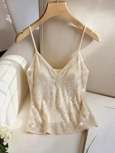 Musculosa Top Blusa Brillante Lentejuelas Breteles Kikinas Beige Lentejuelas M
