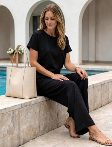 Conjunto Verano 2 Piezas Pantalón Palazo Y Blusa Manga Corta Negro Xl
