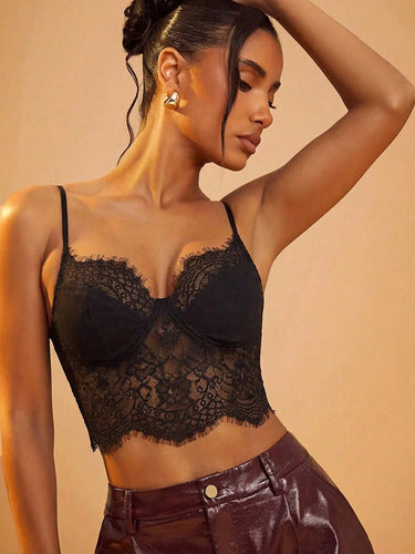 Top Tipo Corset Encaje Negro Talle Alto