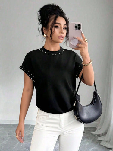 Blusa Plus Size Talle Grande Con Perlas Manga Corta Kikinas Negro Lisa/perlas 3xl