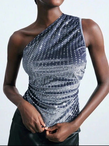 Blusa Top Un Hombro Brillante Plateada De Fiesta Kikinas