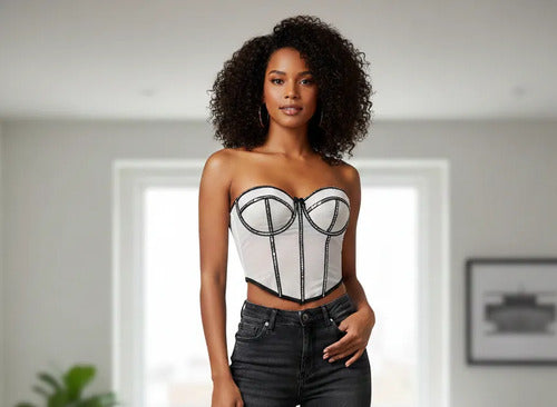 Corset Top Tipo Bustier Con Detalles Brillantes Lentejuelas