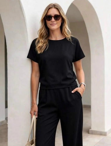Conjunto Verano 2 Piezas Pantalón Palazo Y Blusa Manga Corta Negro Xl