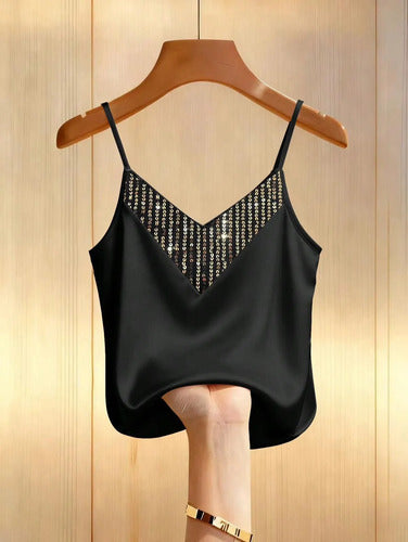 Musculosa Top Blusa Brillante Escote Lentejuelas Kikinas