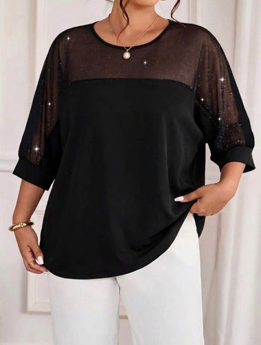 Blusa Mangas Caidas Brillantes Elegante Talle Grande Negro Lisa/brillante Xl