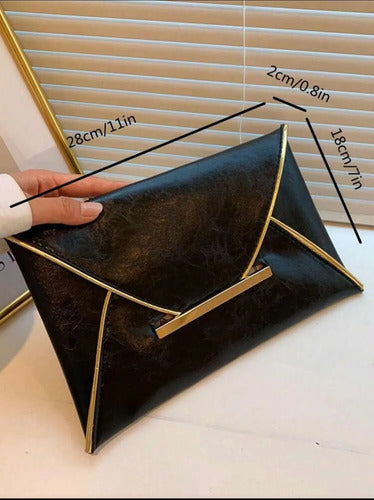 Sobre De Fiesta Tipo Cartera De Mano Dama Elegante Kikinas Negro Semipiel Oro