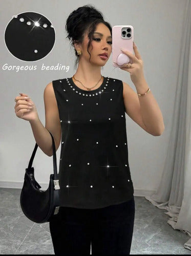 Blusa Musculosa Con Brillantes Y Perlas Kikinas