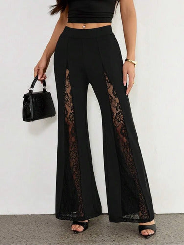 Pantalón Palazzo Oxford De Fiesta Detalle Encaje Kikinas Negro Encaje M