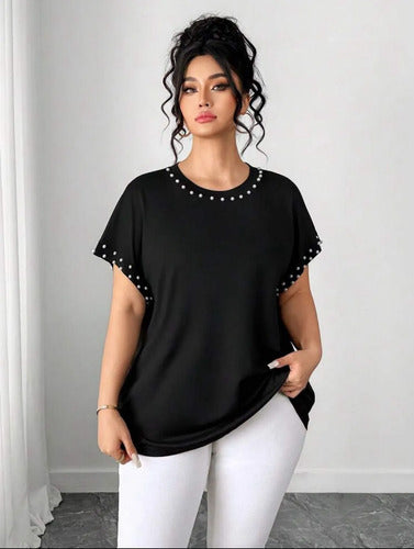 Blusa Plus Size Talle Grande Con Perlas Manga Corta Kikinas Negro Lisa/perlas 3xl