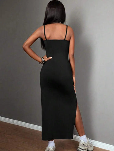 Vestido De Fiesta Largo Tela Lisa Con Tajo En La Pierna
