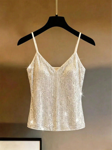 Musculosa Top Blusa Brillante Lentejuelas Breteles Kikinas Beige Lentejuelas M