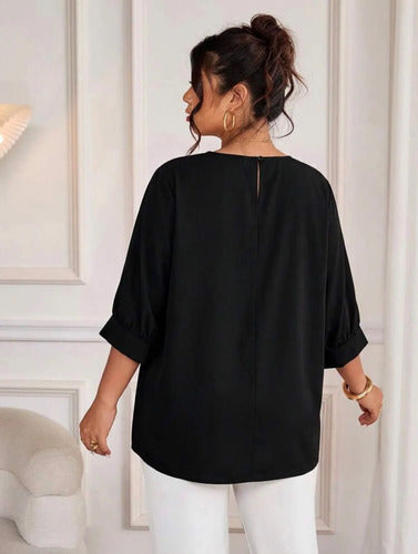 Blusa Mangas Caidas Brillantes Elegante Talle Grande Negro Lisa/brillante Xl