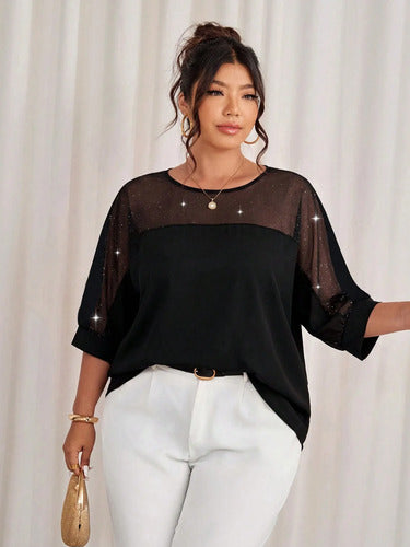 Blusa Mangas Caidas Brillantes Elegante Talle Grande Negro Lisa/brillante Xl