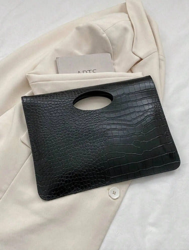 Cartera De Fiesta Tipo Sobre Dama Elegante Con Asa Kikinas Negro Semipiel Oro