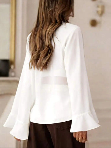 Camisa Blusa Escote V Gasa Mangas Campana Volados Kikinas