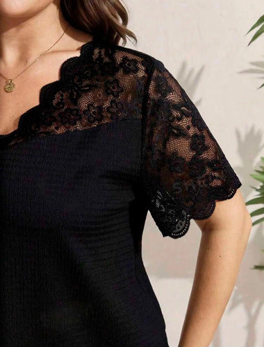 Blusa Manga Corta De Encaje Plus Size Talle Grande Kikinas