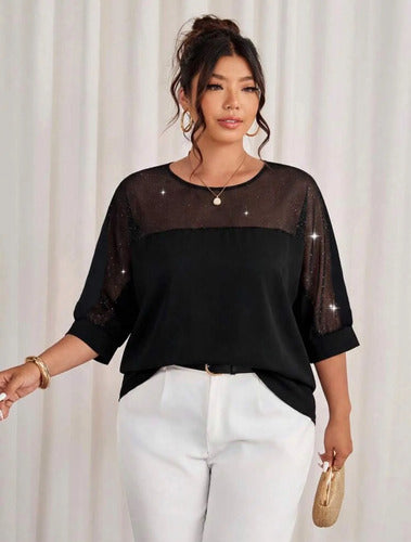 Blusa Mangas Caidas Brillantes Elegante Talle Grande Negro Lisa/brillante Xl