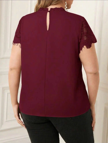 Blusa De Encaje Premium Manga Corta Talle Grande