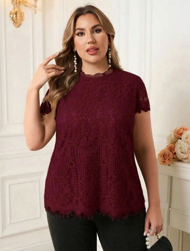 Blusa De Encaje Premium Manga Corta Talle Grande