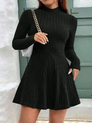 Vestido De Mujer De Cuello Alto, Manga Larga, Acanalado