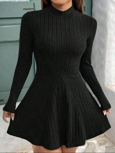 Vestido De Mujer De Cuello Alto, Manga Larga, Acanalado