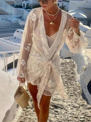 Vestido Playero Corto De Encaje Pareo Salida De Playa Kimono