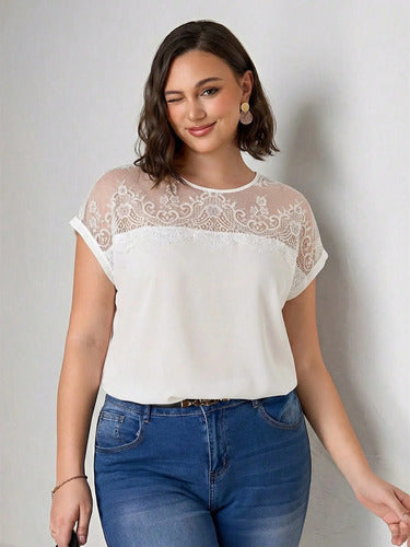 Blusa Manga Corta Cuello Encaje Talle Grande Kikinas Blanco Lisa/encaje 2xl