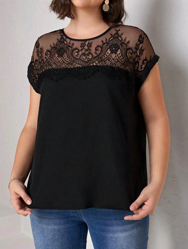 Blusa Manga Corta Cuello Redondo Encaje Talle Grande Kikinas