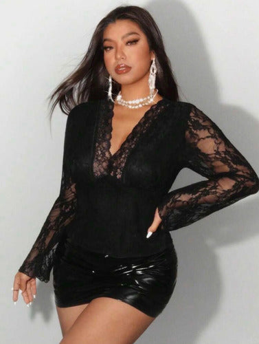 Blusa De Encaje Plus Size Talle Grande Manga Larga Kikinas Negro Lisa/encaje 2xl