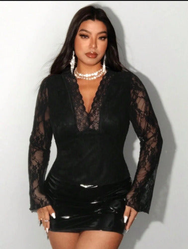 Blusa De Encaje Plus Size Talle Grande Manga Larga Kikinas Negro Lisa/encaje 2xl