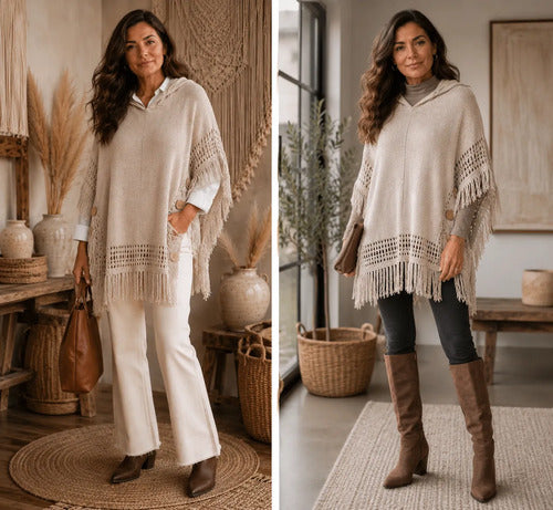 Poncho Capa De Punto Tejido Con Capucha Kikinas Crema Tejida Unico