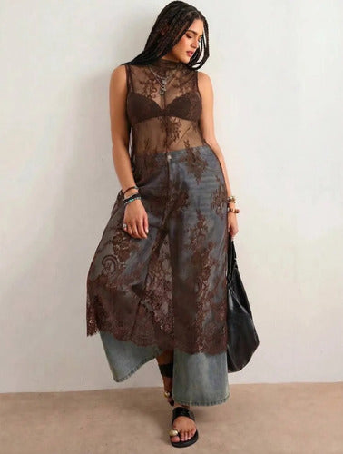Vestido De Encaje Largo Kimono, Tunica, Bluson, Plus Size Chocolate Encaje 4xl