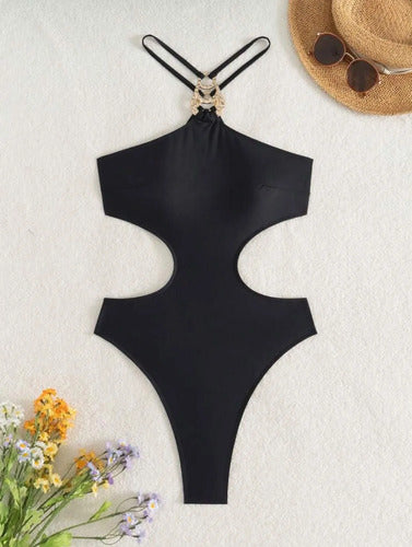 Traje De Baño Entero Malla Enteriza Halter Cruzada Con Aro Negro Xl