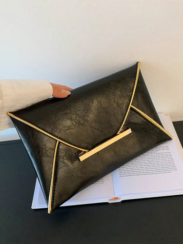 Sobre De Fiesta Tipo Cartera De Mano Dama Elegante Kikinas Negro Semipiel Oro