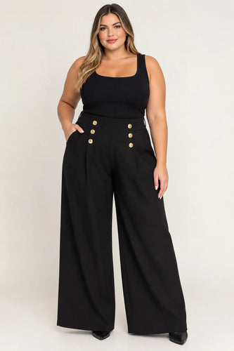 Pantalon Palazzo Botones Dorados Talle Grande Plus Size Kiki Negro Lisa/botones Dorados Xxl