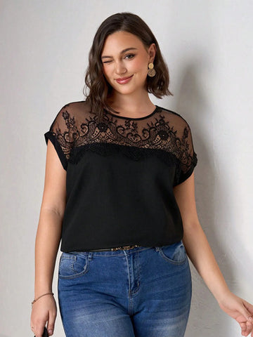 Blusa Manga Corta Cuello Redondo Encaje Talle Grande Kikinas