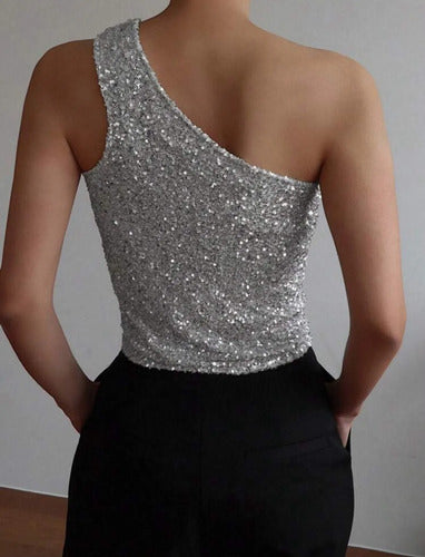 Musculosa Blusa Un Hombro Lentejuelas Plateado Kikinas