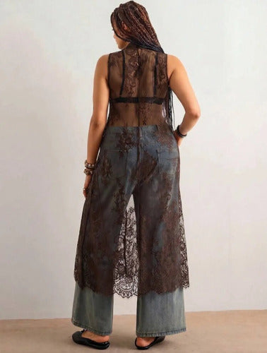 Vestido De Encaje Largo Kimono, Tunica, Bluson, Plus Size Chocolate Encaje 4xl