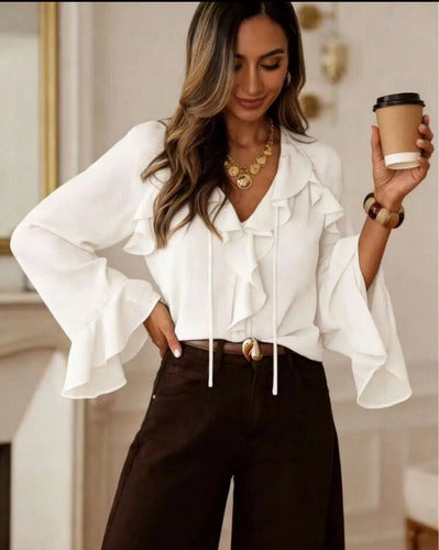 Camisa Blusa Escote V Gasa Mangas Campana Volados Kikinas