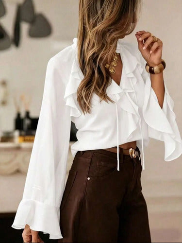 Camisa Blusa Escote V Gasa Mangas Campana Volados Kikinas