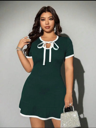 Vestido Casual Corto Damas Manga Acampanada Plus Size Verde Lisa Xl
