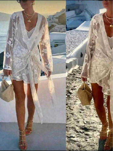 Vestido Playero Corto De Encaje Pareo Salida De Playa Kimono