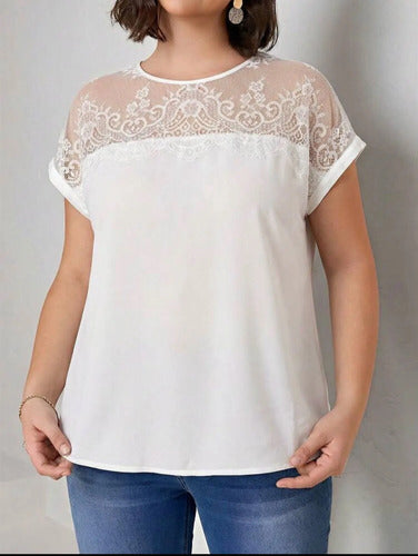 Blusa Manga Corta Cuello Encaje Talle Grande Kikinas Blanco Lisa/encaje 2xl