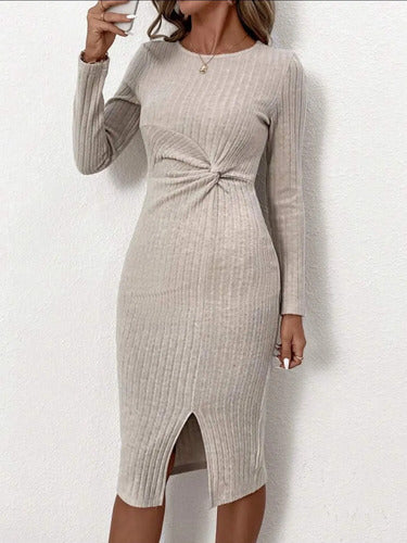 Vestido De Cuello Redondo Y Ajustado Con Abertura Muslo